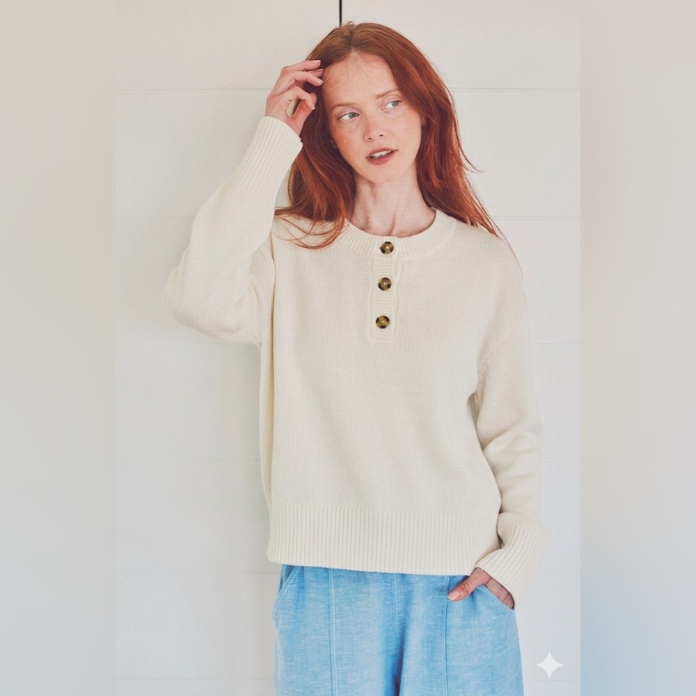 LEALLO Ivory 100% Cotton Henley Pullover Sweater